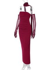 Inrosy robe longue moulante tulle bustier avec 2 pièces gants femme élégant vintage de soirée pour mariage