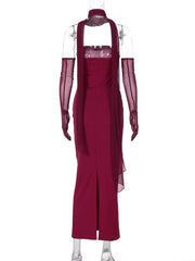 Inrosy robe longue moulante tulle bustier avec 2 pièces gants femme élégant vintage de soirée pour mariage