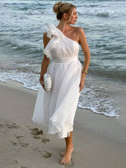 Inrosy robe longue une épaule fluide à volantée dos nu sans manches femme élégant décontracté de plage