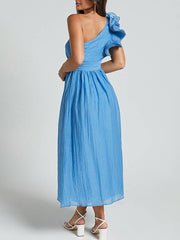 Inrosy robe longue une épaule fluide à volantée dos nu sans manches femme élégant décontracté de plage