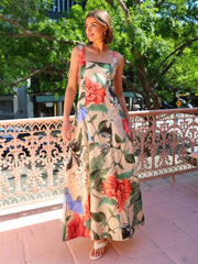 Inrosy robe longue imprimé à fleurie bretelle col carré sans manches femme élégant décontracté vintage de soirée de plage