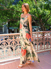 Inrosy robe longue imprimé à fleurie bretelle col carré sans manches femme élégant décontracté vintage de soirée de plage