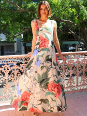 Inrosy robe longue imprimé à fleurie bretelle col carré sans manches femme élégant décontracté vintage de soirée de plage