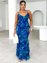 Inrosy robe longue moulante imprimé à fleurie à volantée sirene v-cou sans manches femme hawaienne décontracté de plage