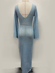 Inrosy longue robe en tricot en crochet col en v manches évasées manches longues femme décontracté pour les vacances et la plage