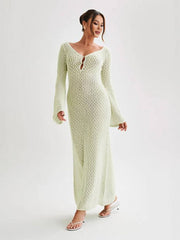 Inrosy longue robe en tricot en crochet col en v manches évasées manches longues femme décontracté pour les vacances et la plage