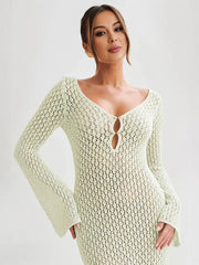 Inrosy longue robe en tricot en crochet col en v manches évasées manches longues femme décontracté pour les vacances et la plage
