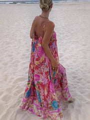 Inrosy robe longue imprimé à fleurie à fines brides sans manches femme élégant décontracté lâche ample hawaienne de plage