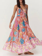 Inrosy robe longue imprimé à fleurie à fines brides sans manches femme élégant décontracté lâche ample hawaienne de plage