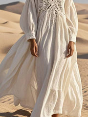 Inrosy robe longue en dentelle coton lin v-cou manches longues femme élégant bohème lâche décontracté vintage de plage