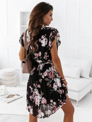 Inrosy mi-longue robe v-cou fleurie plissé ceinture manches courtes femme bohème invité mariage de plage