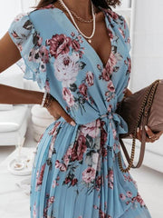 Inrosy mi-longue robe v-cou fleurie plissé ceinture manches courtes femme bohème invité mariage de plage