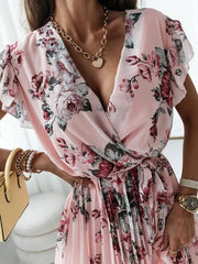 Inrosy mi-longue robe v-cou fleurie plissé ceinture manches courtes femme bohème invité mariage de plage