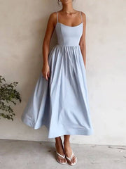 Inrosy mi-longue robe trapèze unicolore fluide bustier dos nu à fines brides sans manches femme élégant mode de fet de cocktail