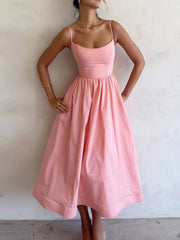 Inrosy mi-longue robe trapèze unicolore fluide bustier dos nu à fines brides sans manches femme élégant mode de fet de cocktail