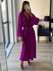 Inrosy longue robe v-cou boutons dos nu manches trompette manches longues femme élégant vintage bal de promo