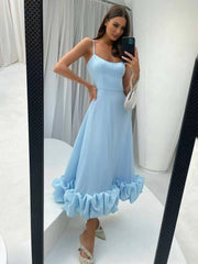Inrosy mi-longue robe trapèze à volantée bustier à fines brides sans manches femme élégant doux de cocktail bal de promo