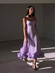Inrosy mi-longue robe trapèze à volantée bustier à fines brides sans manches femme élégant doux de cocktail bal de promo
