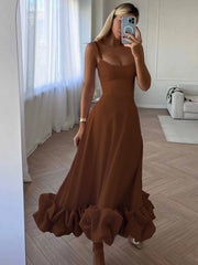 Inrosy mi-longue robe trapèze à volantée bustier à fines brides sans manches femme élégant doux de cocktail bal de promo