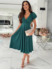 Inrosy robe demoiselle d'honneur v-cou fluide manches bouffantes manches courtes femme élégant doux invité mariage