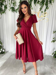 Inrosy robe demoiselle d'honneur v-cou fluide manches bouffantes manches courtes femme élégant doux invité mariage