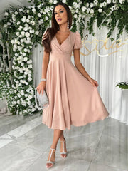 Inrosy robe demoiselle d'honneur v-cou fluide manches bouffantes manches courtes femme élégant doux invité mariage