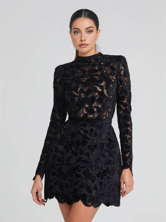 Inrosy robe courte trapèze en dentelle broderie anglaise col rond manches longues femme élégant de soirée de cocktail