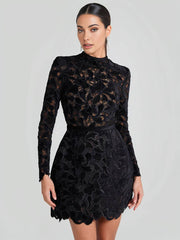 Inrosy robe courte trapèze en dentelle broderie anglaise col rond manches longues femme élégant de soirée de cocktail