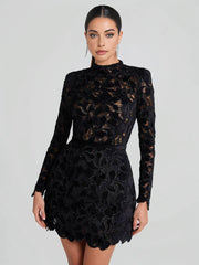 Inrosy robe courte trapèze en dentelle broderie anglaise col rond manches longues femme élégant de soirée de cocktail