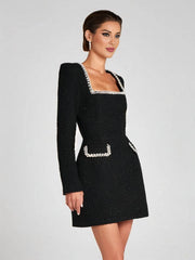 Inrosy robe courte tweed fendu poches manches longues femme vintage élégant de fete