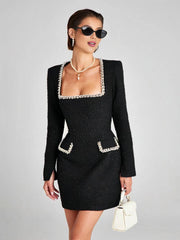 Inrosy robe courte tweed fendu poches manches longues femme vintage élégant de fete