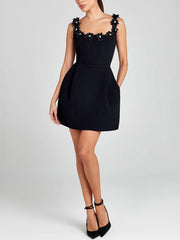 Inrosy robe patineuse trapèze fleurie appliques à fines brides col carré sans manches femme élégant bal de promo de cocktail