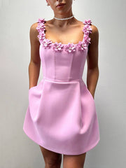 Inrosy robe patineuse trapèze fleurie appliques à fines brides col carré sans manches femme élégant bal de promo de cocktail
