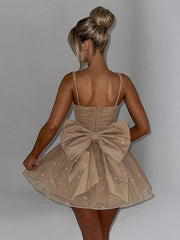 Inrosy robe courte trapèze tulle noeud papillon col carré sans manches femme élégant bal de promo de cocktail