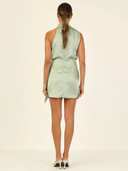 Inrosy robe courte irrégulière ceinture col roulé licou sans manches femme élégant cérémonie invité mariage de cocktail