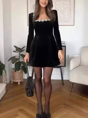 Inrosy robe courte trapèze en velours col carré manches longues poches femme doux élégant de cocktail anniversaire