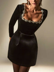 Inrosy robe courte trapèze en velours col carré manches longues poches femme doux élégant de cocktail anniversaire