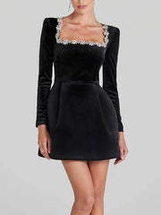 Inrosy robe courte trapèze en velours col carré manches longues poches femme doux élégant de cocktail anniversaire