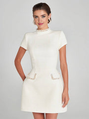 Inrosy robe courte tweed col roulé manches courtes poches femme style tailleur élégant de soirée pour mariage de cocktail