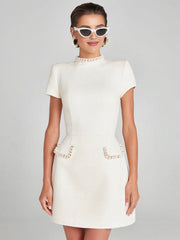 Inrosy robe courte tweed col roulé manches courtes poches femme style tailleur élégant de soirée pour mariage de cocktail