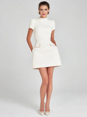 Inrosy robe courte tweed col roulé manches courtes poches femme style tailleur élégant de soirée pour mariage de cocktail