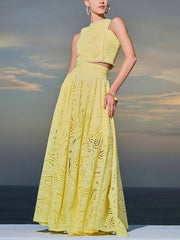 Inrosy robe broderie anglaise poches sans manches hauts trapèze fluide jupe femme élégant décontracté ensemble