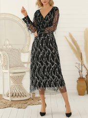 Inrosy robe longue brillante paillette frange v-cou manches bishop manches longues tulle femme élégant de soirée fete