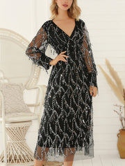 Inrosy robe longue brillante paillette frange v-cou manches bishop manches longues tulle femme élégant de soirée fete