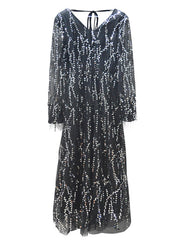 Inrosy robe longue brillante paillette frange v-cou manches bishop manches longues tulle femme élégant de soirée fete