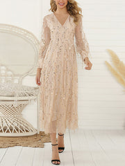 Inrosy robe longue brillante paillette frange v-cou manches bishop manches longues tulle femme élégant de soirée fete