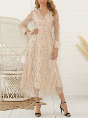 Inrosy robe longue brillante paillette frange v-cou manches bishop manches longues tulle femme élégant de soirée fete