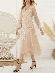 Inrosy robe longue brillante paillette frange v-cou manches bishop manches longues tulle femme élégant de soirée fete