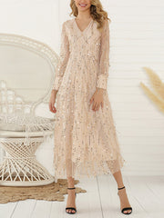 Inrosy robe longue brillante paillette frange v-cou manches bishop manches longues tulle femme élégant de soirée fete