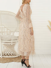 Inrosy robe longue brillante paillette frange v-cou manches bishop manches longues tulle femme élégant de soirée fete